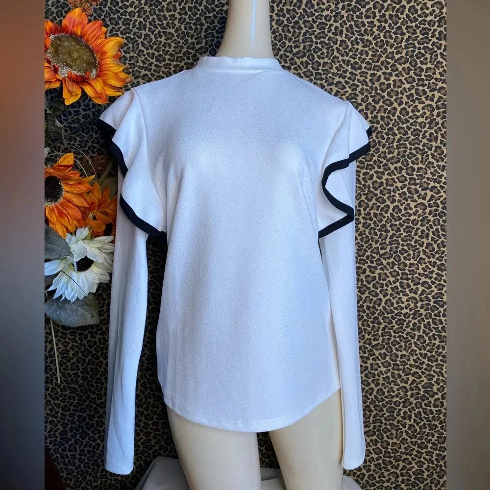 🦋B2G1🦋SHEIN White/Black Ruffle Trim Mock Neck Blouse | LARGE |